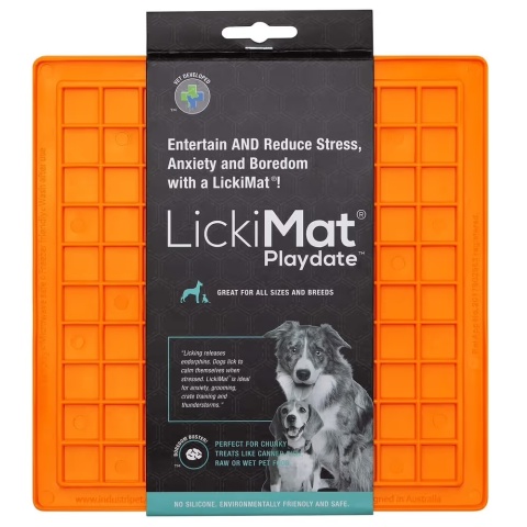 LickiMat Classic Playdate - mata do lizania dla psa, miękka, wzór KRATKA - pomarańczowa