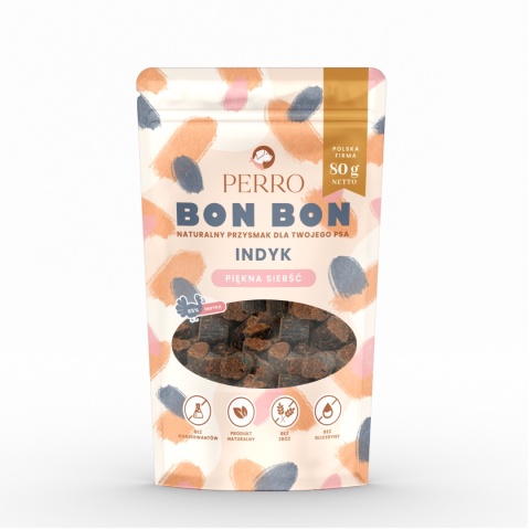 Perro - BON BON Indyk – piękna sierść - przysmaki z dodatkiem funkcyjnym 80g Perro - BON BON Indyk – piękna sierść - przysmaki z dodatkiem funkcyjnym 80g