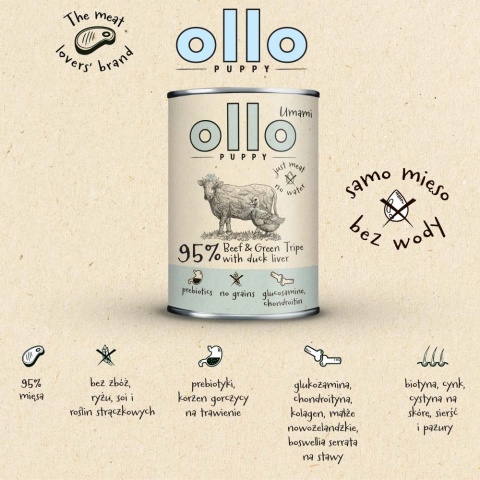 Ollo Umami PUPPY - Wołowina & Zielone Żwacze z kaczą wątróbką - dla szczeniąt 850g