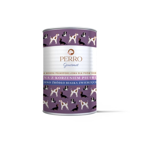 Perro Gourmet - Sarna z korzeniem pietruszki 400g - wygięta puszka