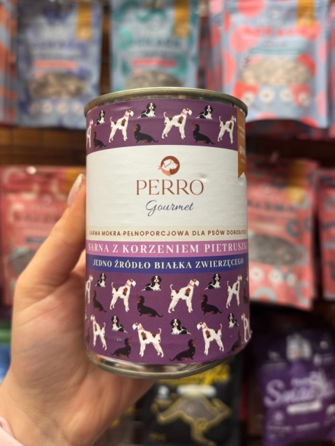 Perro Gourmet - Sarna z korzeniem pietruszki 400g - wygięta puszka