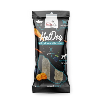 Syta Micha - Hot Dog do żucia - Konina z jeżynami w skórze z dorsza 2 szt.