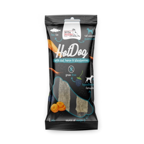 Syta Micha - Hot Dog do żucia - Konina z jeżynami w skórze z dorsza 2 szt. Syta Micha - Hot Dog do żucia - Konina z jeżynami w skórze z dorsza 2 szt.