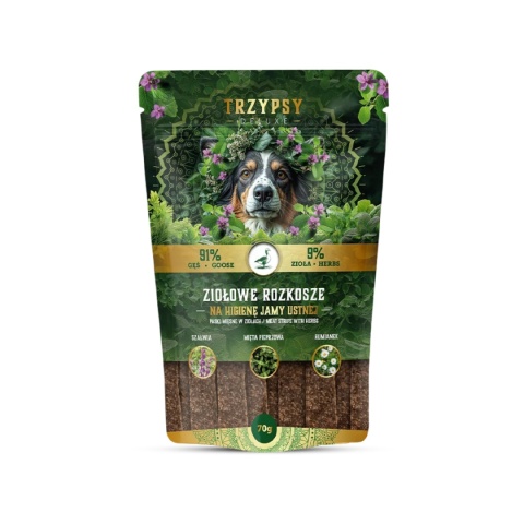 TRZY PSY - Ziołowe rozkosze - Paski z Gęsi na higienę jamy ustnej 70g TRZY PSY - Ziołowe rozkosze - Paski z Gęsi na higienę jamy ustnej 70g