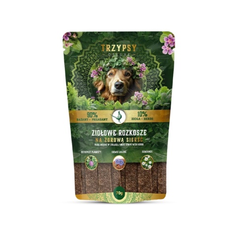TRZY PSY - Ziołowe rozkosze - Paski z Bażanta na zdrową sierść 70g TRZY PSY - Ziołowe rozkosze - Paski z Bażanta na zdrową sierść 70g