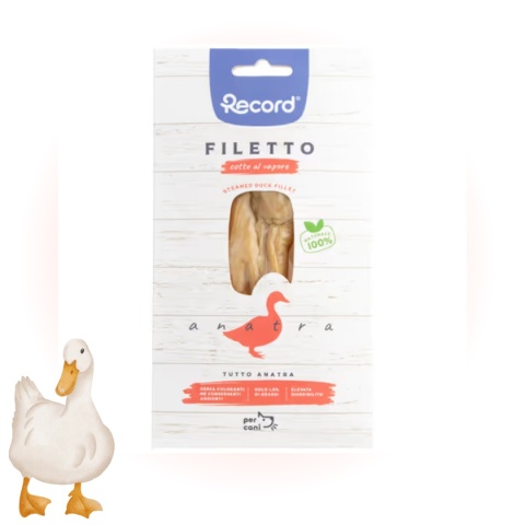 Record Filetto Duck - 100% filet z kaczki gotowany na parze, przekąska dla psa 25g